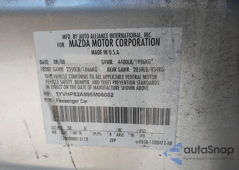 2009 Mazda Mazda6 I Touring from USA, damaged, VIN 1YVHP82A995M06002